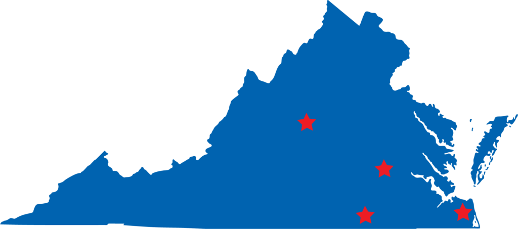 Blue map of Virginia with red stars to indicate areas where NMA operates